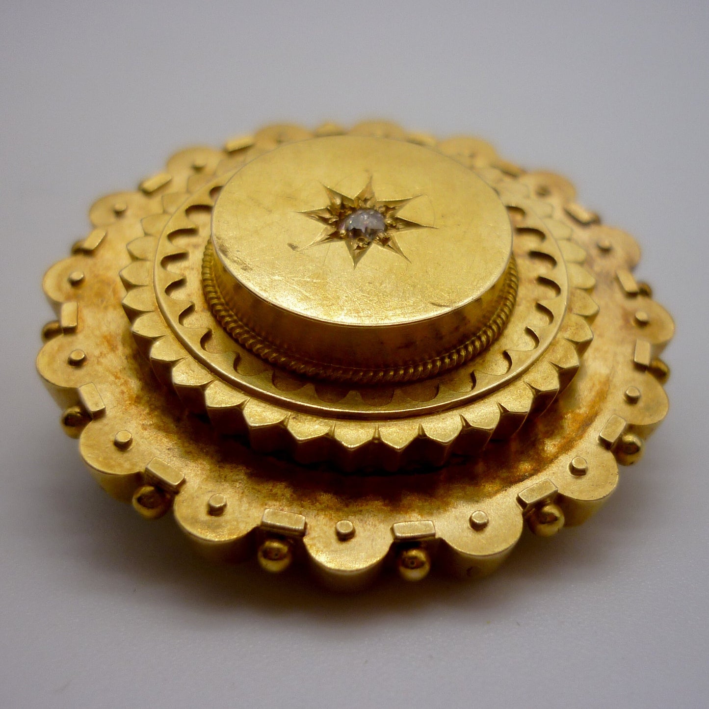 Victorian Etruscan 15ct Gold Mourning Locket Brooch With Old Cut Diamond