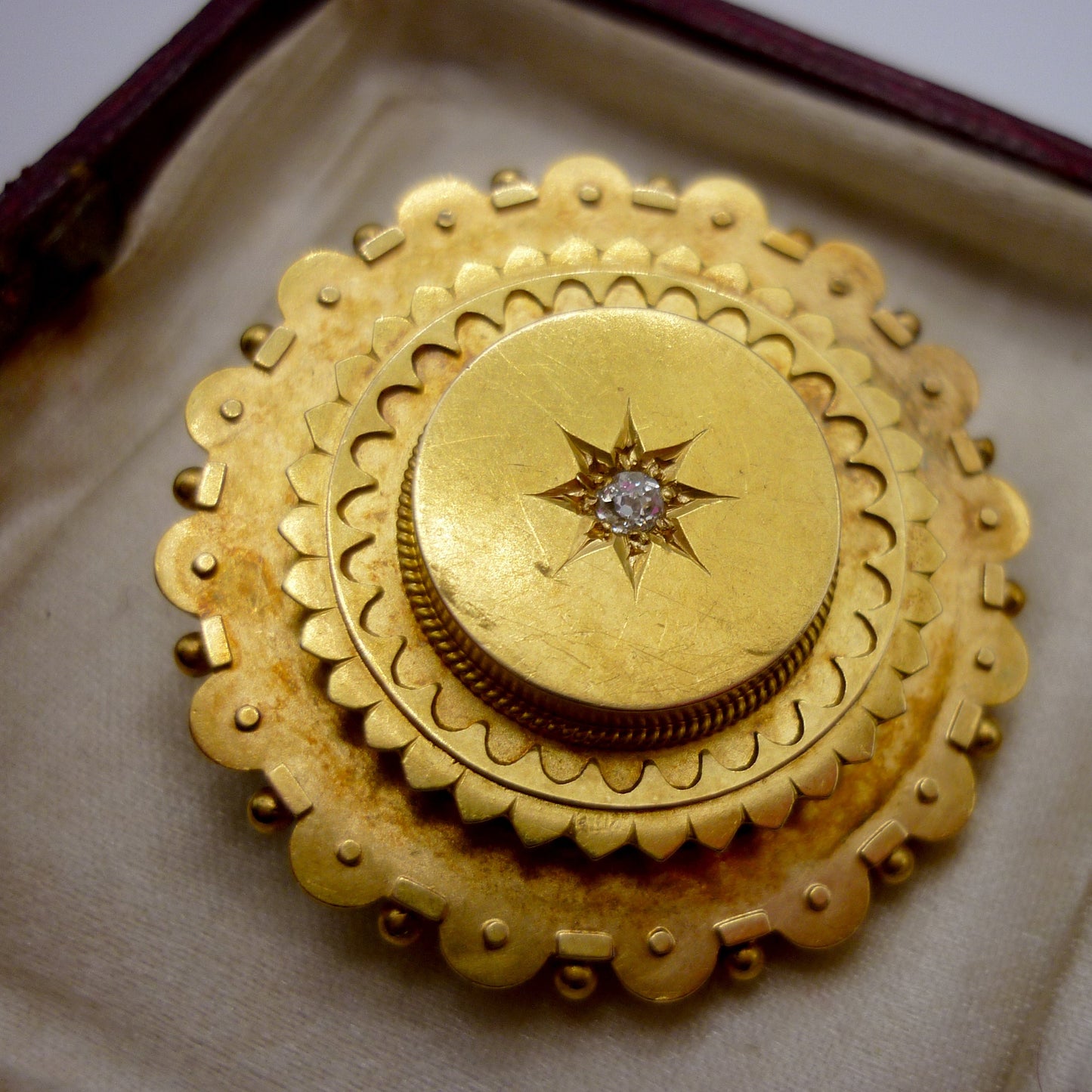 Victorian Etruscan 15ct Gold Mourning Locket Brooch With Old Cut Diamond