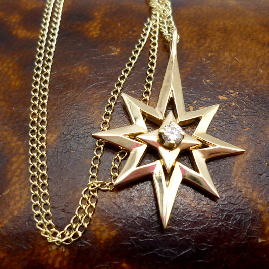 Vintage 14k Gold North Star Necklace, Diamond Polar Star Pendant on Dog Clip Chain