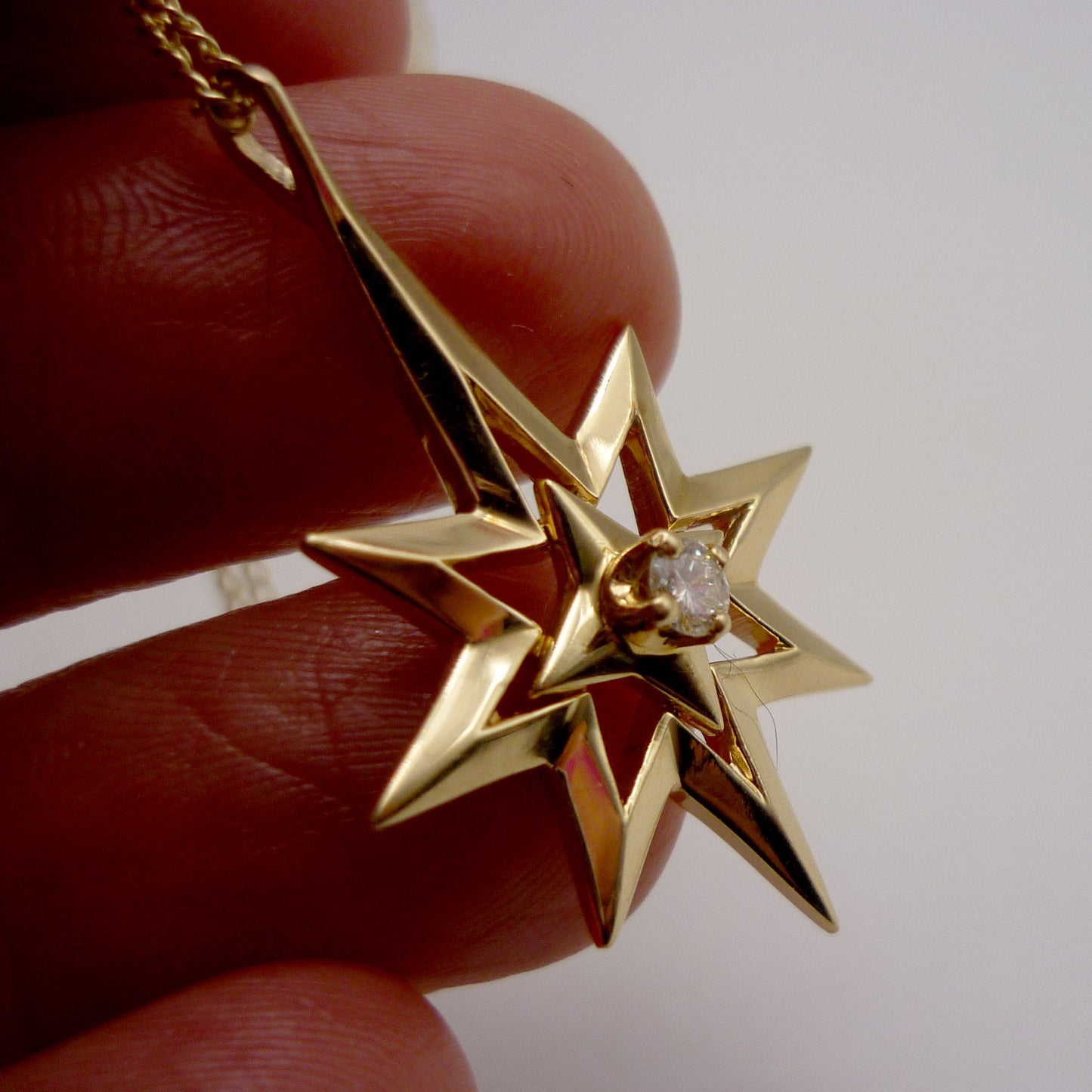 Vintage 14k Gold North Star Necklace, Diamond Polar Star Pendant on Dog Clip Chain