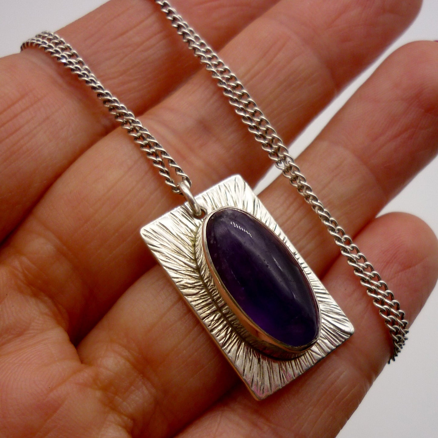 Vintage Silver Rectangle Pendant, Amethyst Cabochon Necklace