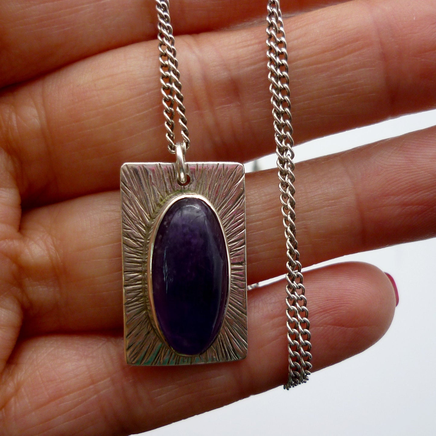 Vintage Silver Rectangle Pendant, Amethyst Cabochon Necklace