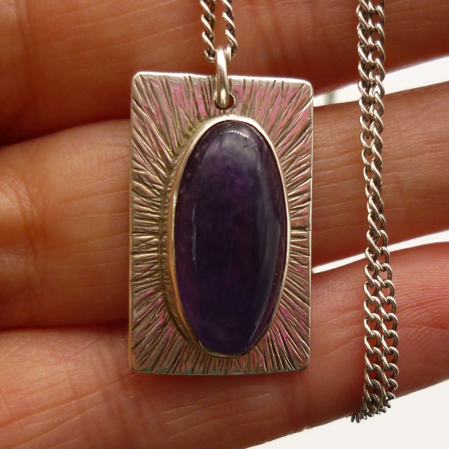 Vintage Silver Rectangle Pendant, Amethyst Cabochon Necklace
