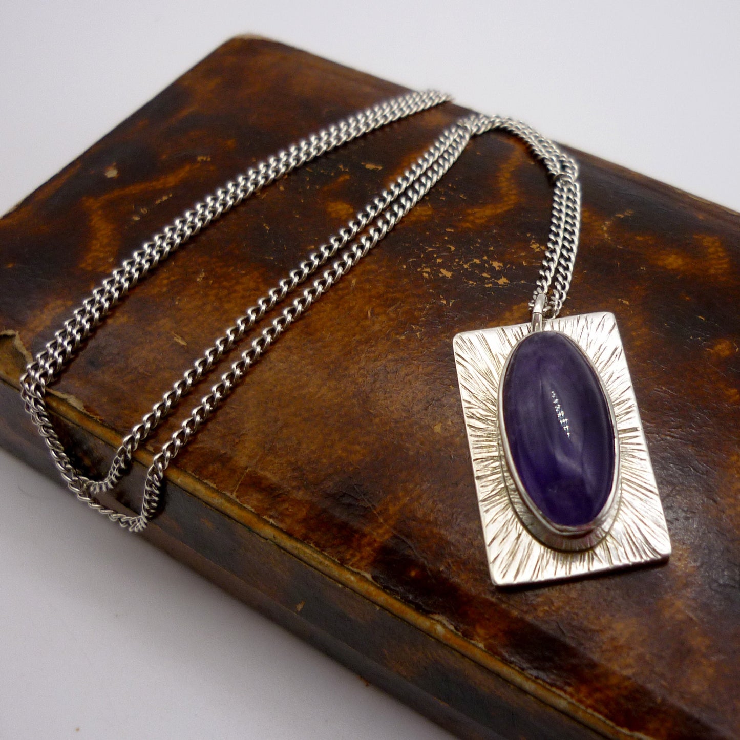 Vintage Silver Rectangle Pendant, Amethyst Cabochon Necklace