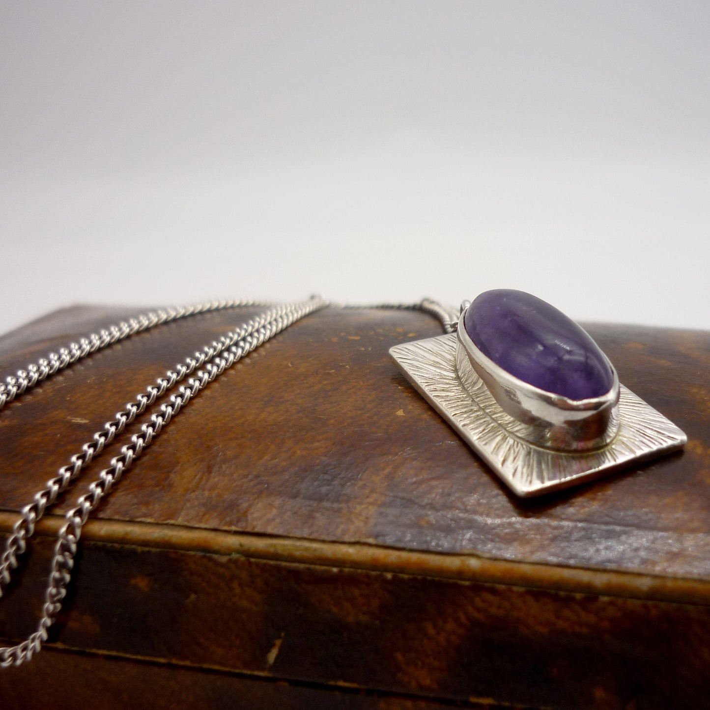 Vintage Silver Rectangle Pendant, Amethyst Cabochon Necklace
