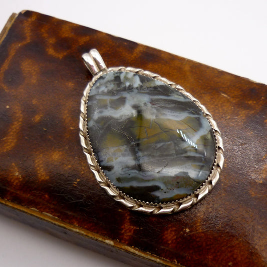 Large Vintage Silver & Green Jasper Pendant
