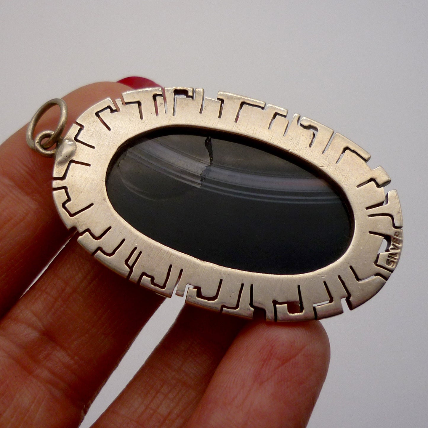 Large Silver and Striped Black Agate Pendant