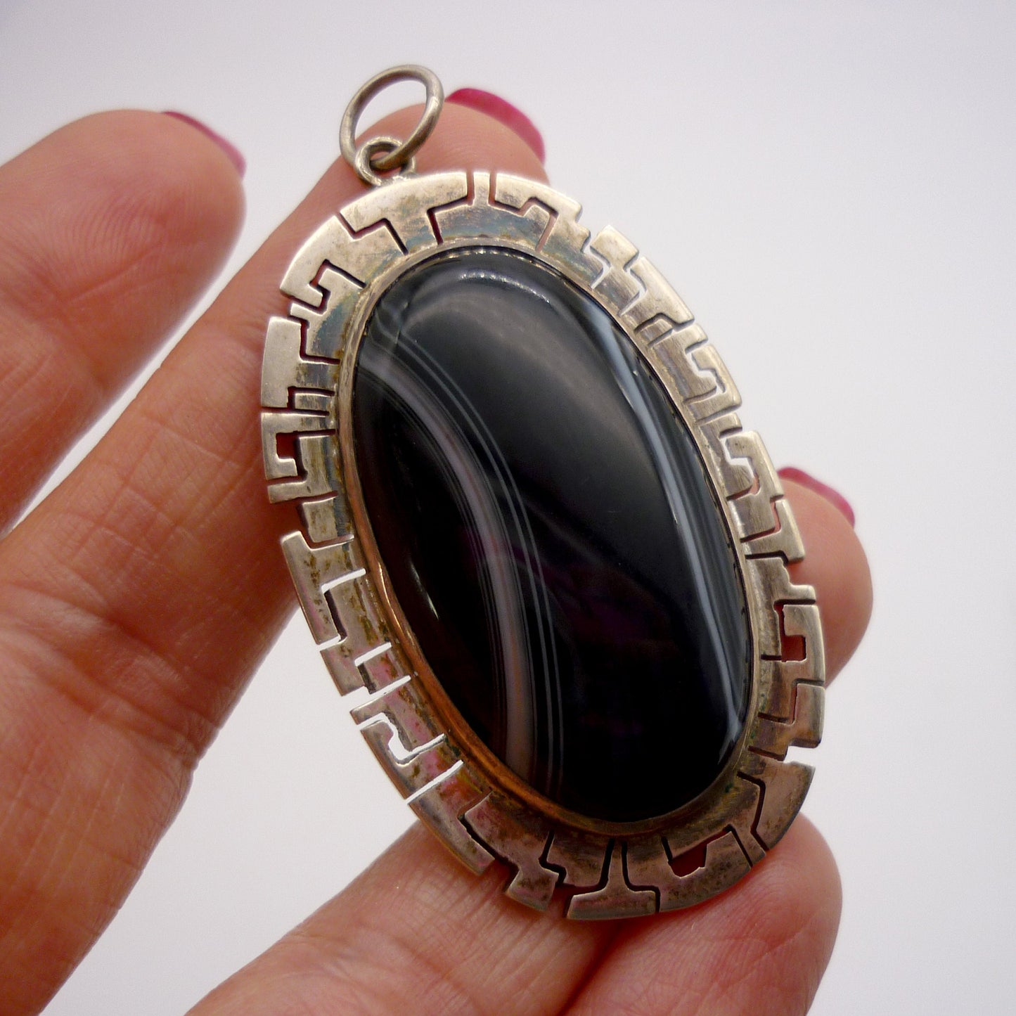 Large Silver and Striped Black Agate Pendant
