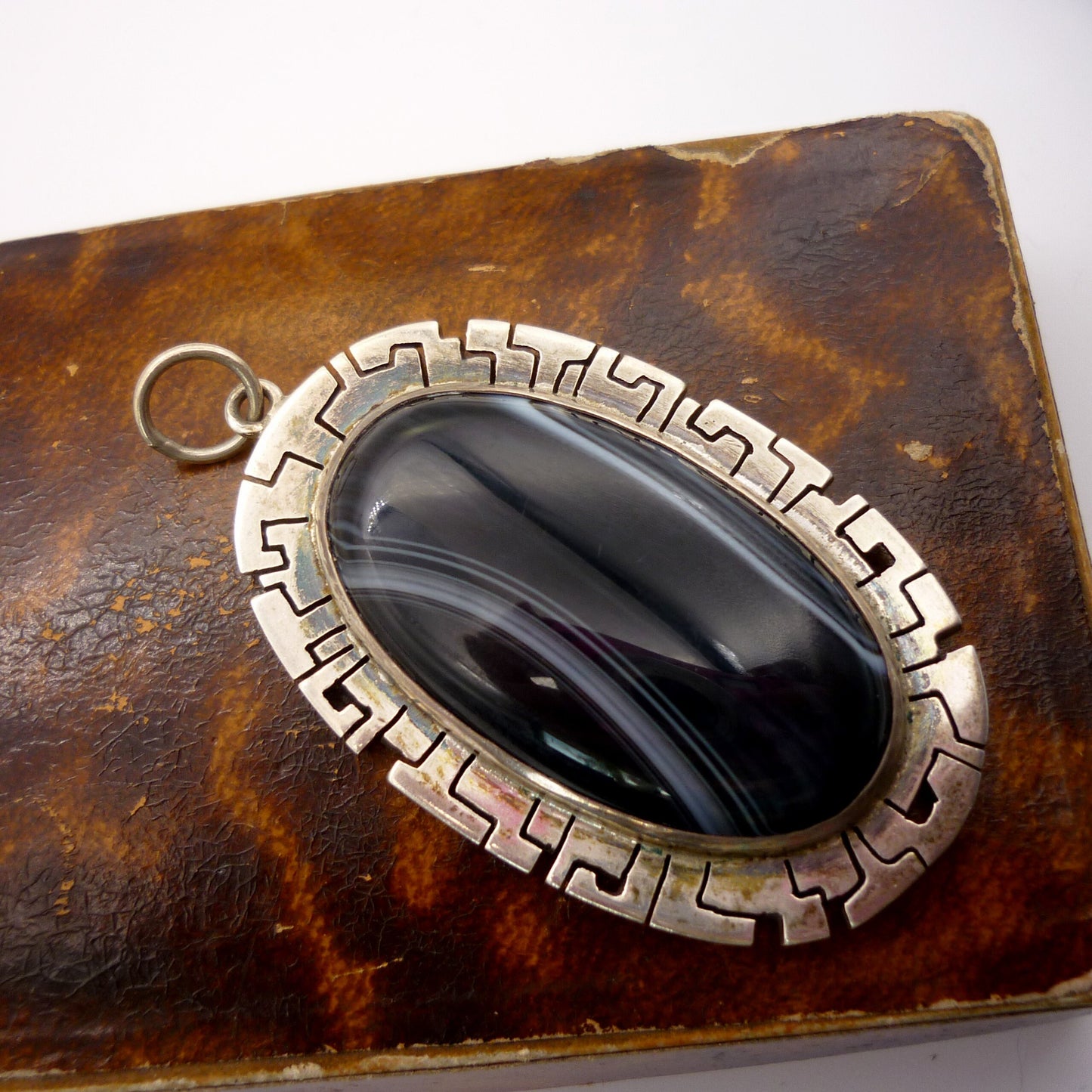 Large Silver and Striped Black Agate Pendant
