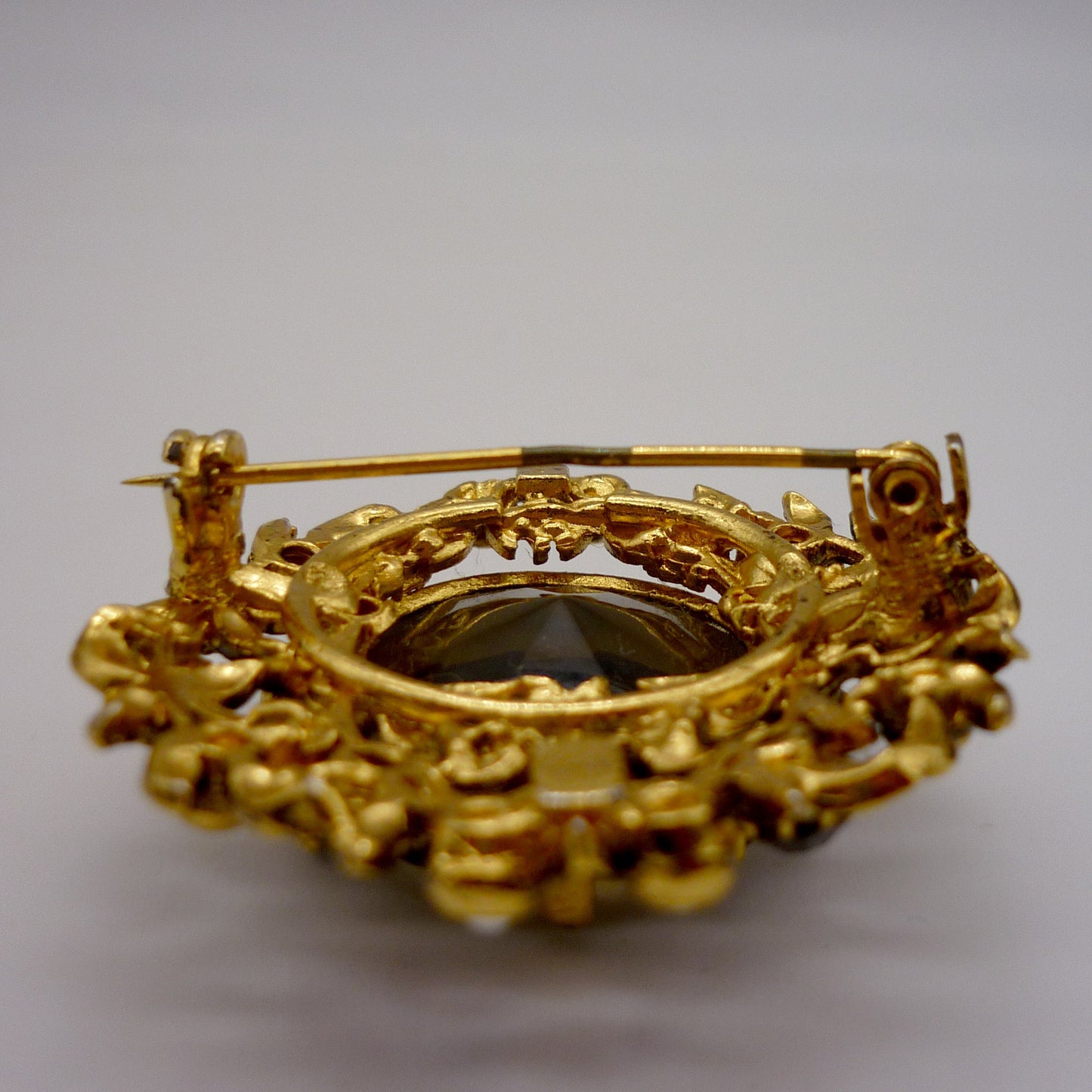 Large Gold Tone Citrine & Pearl Costume Brooch, Smoky Quartz and Faux Pearl Jewellery