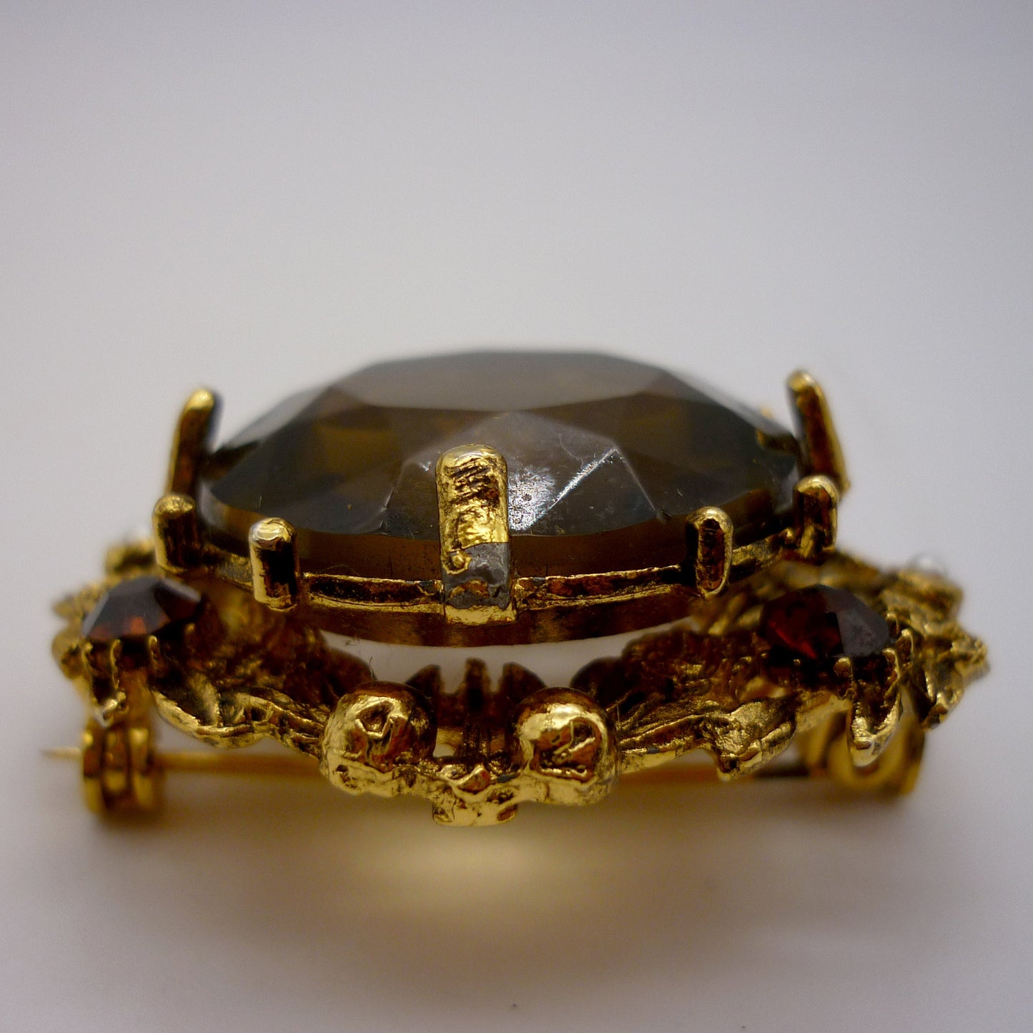 Large Gold Tone Citrine & Pearl Costume Brooch, Smoky Quartz and Faux Pearl Jewellery