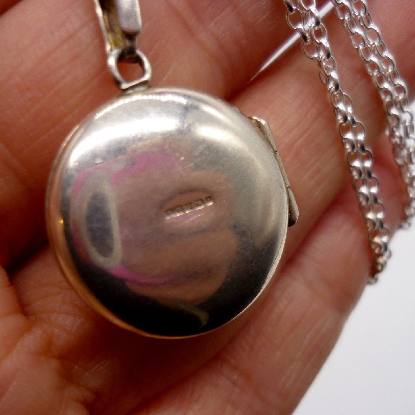 Small Round Photo Locket on Long Silver Chain with Dog Clip Clasp