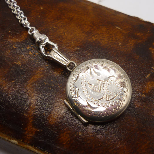 Small Round Photo Locket on Long Silver Chain with Dog Clip Clasp