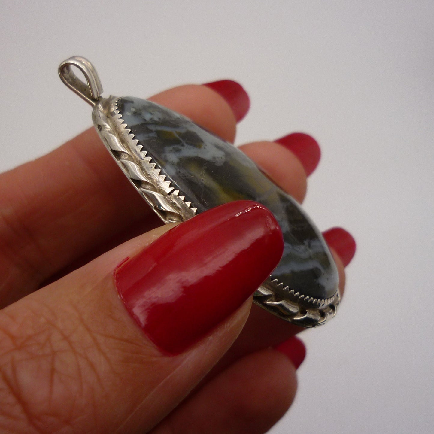 Large Vintage Silver & Green Jasper Pendant