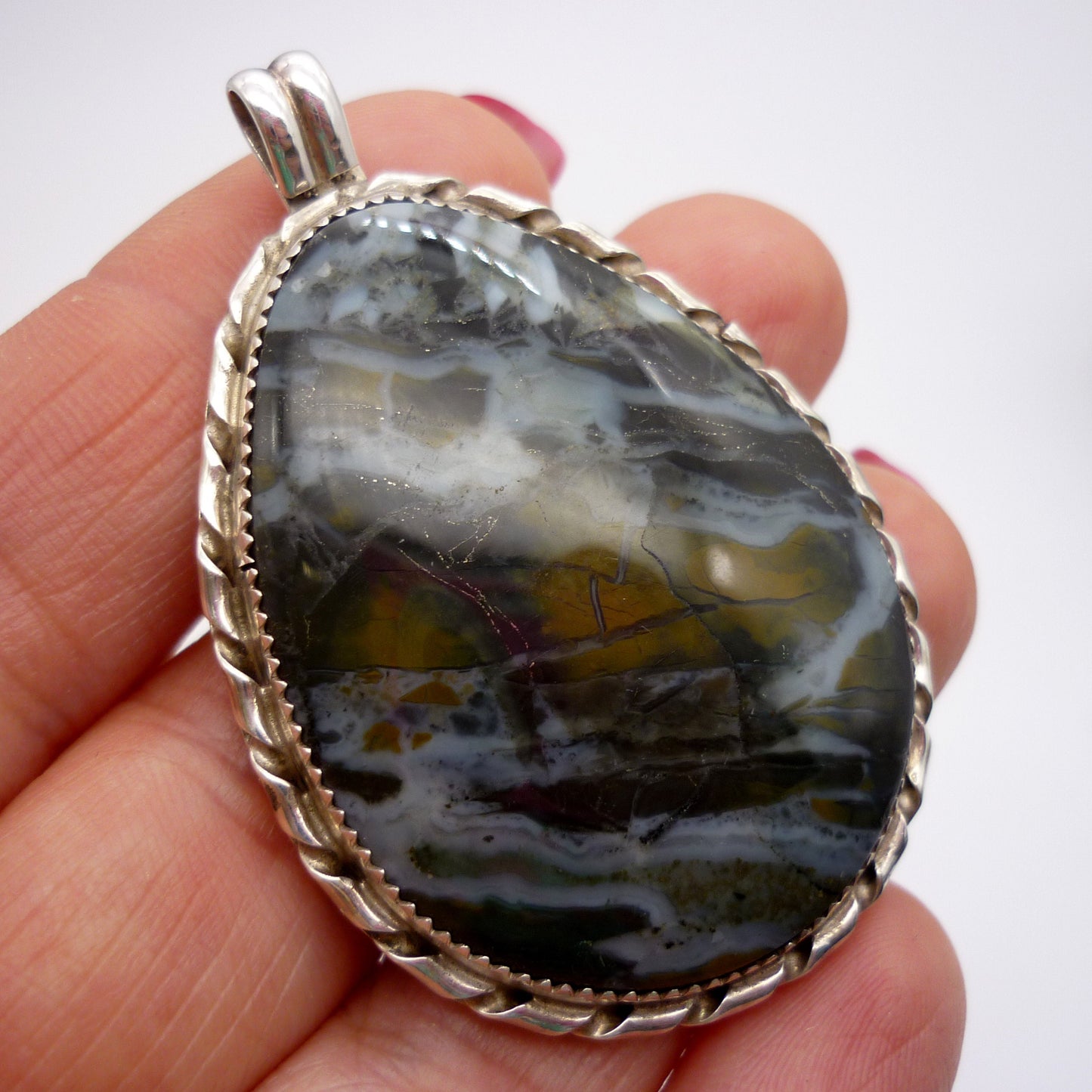 Large Vintage Silver & Green Jasper Pendant