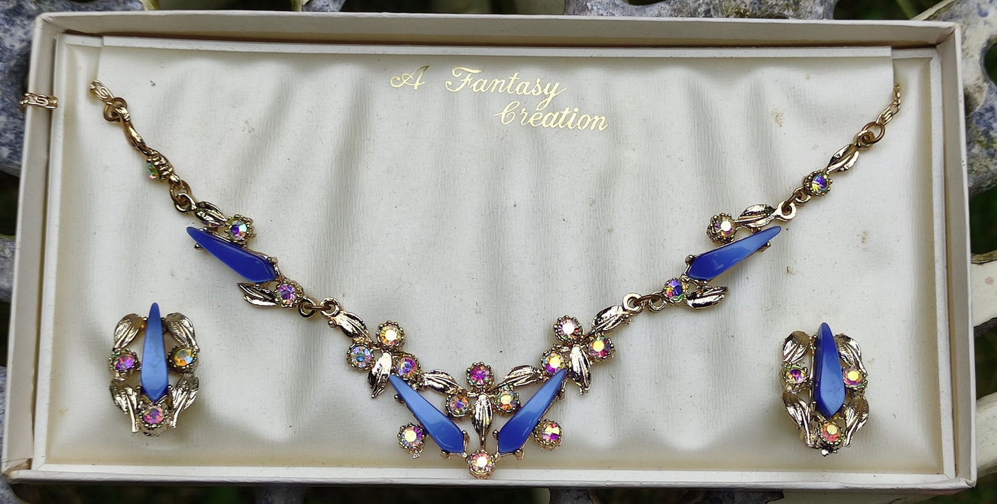 Vintage Diamante Necklace & Clip on Earring Set, Blue Plastic Costume Gemstone 'Fantasy Collection'