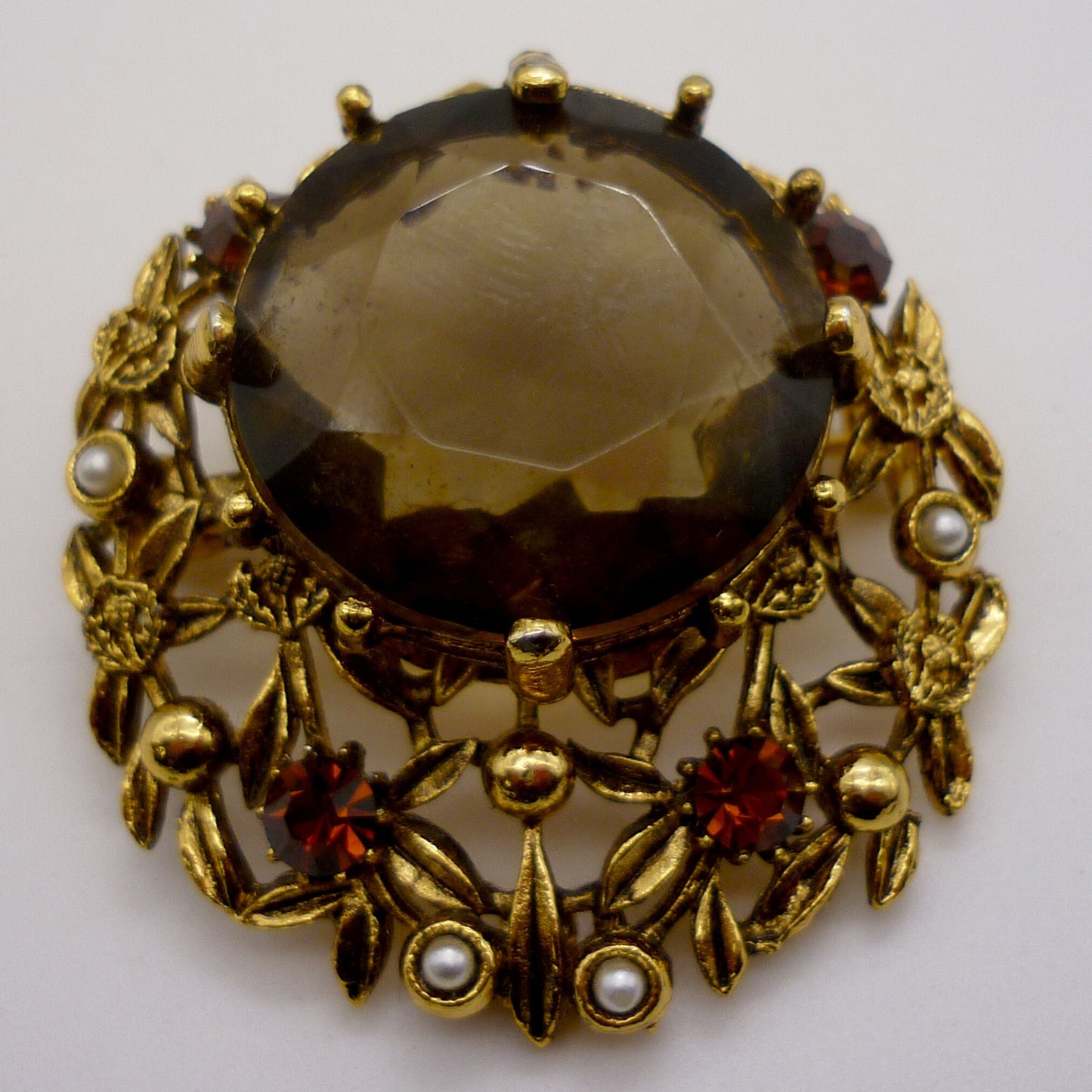 Large Gold Tone Citrine & Pearl Costume Brooch, Smoky Quartz and Faux Pearl Jewellery