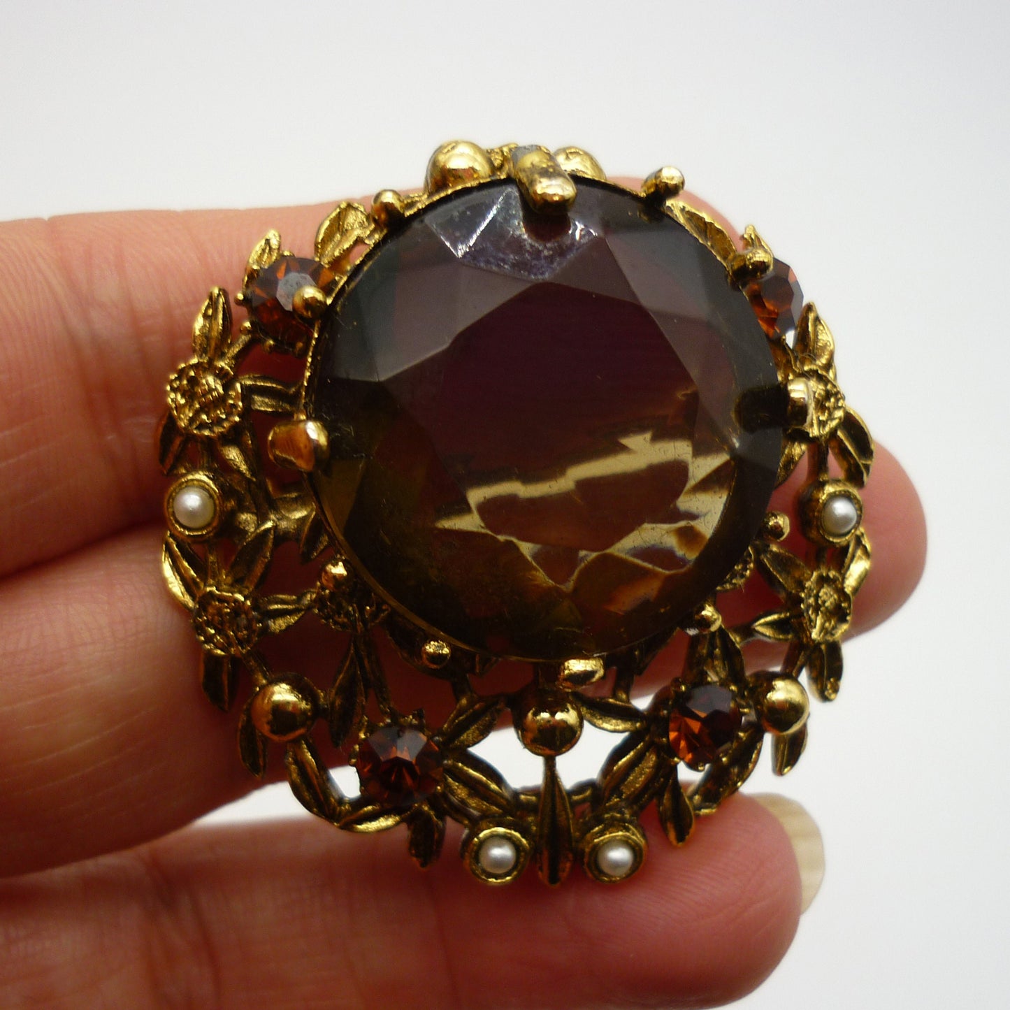 Large Gold Tone Citrine & Pearl Costume Brooch, Smoky Quartz and Faux Pearl Jewellery