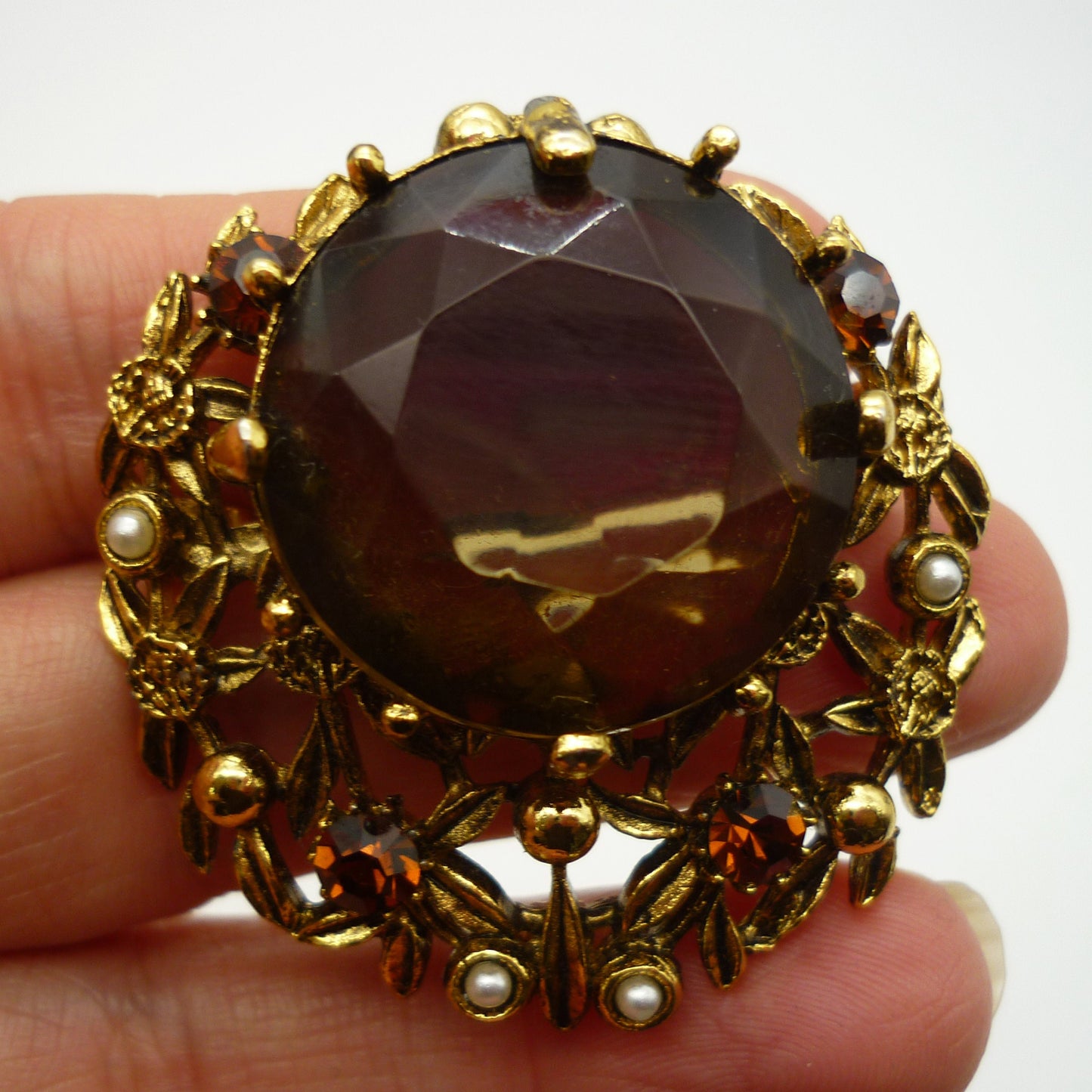 Large Gold Tone Citrine & Pearl Costume Brooch, Smoky Quartz and Faux Pearl Jewellery
