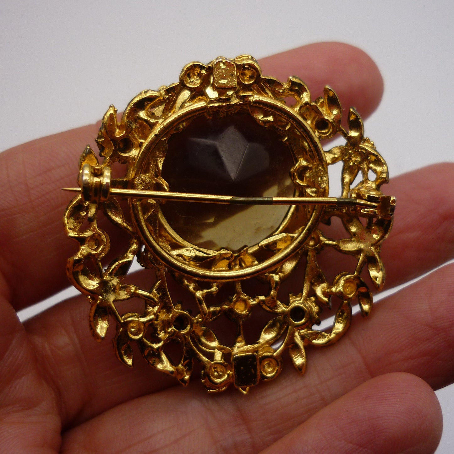 Large Gold Tone Citrine & Pearl Costume Brooch, Smoky Quartz and Faux Pearl Jewellery