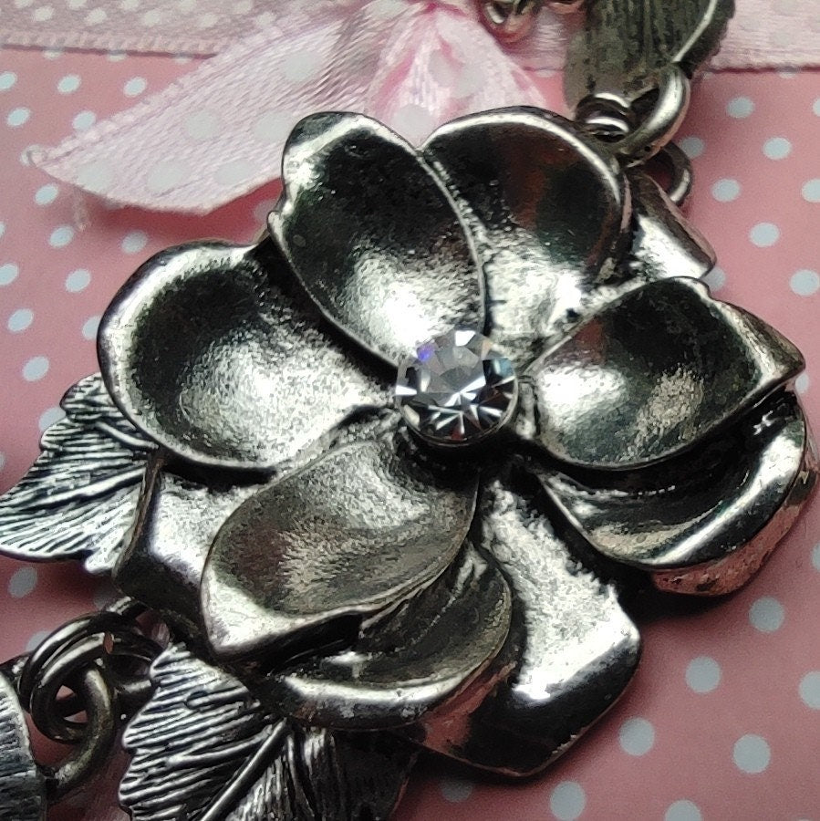 Vintage Flower and Bees Necklace, Large Statement Silver Tone & Rhinestone Collar Necklace