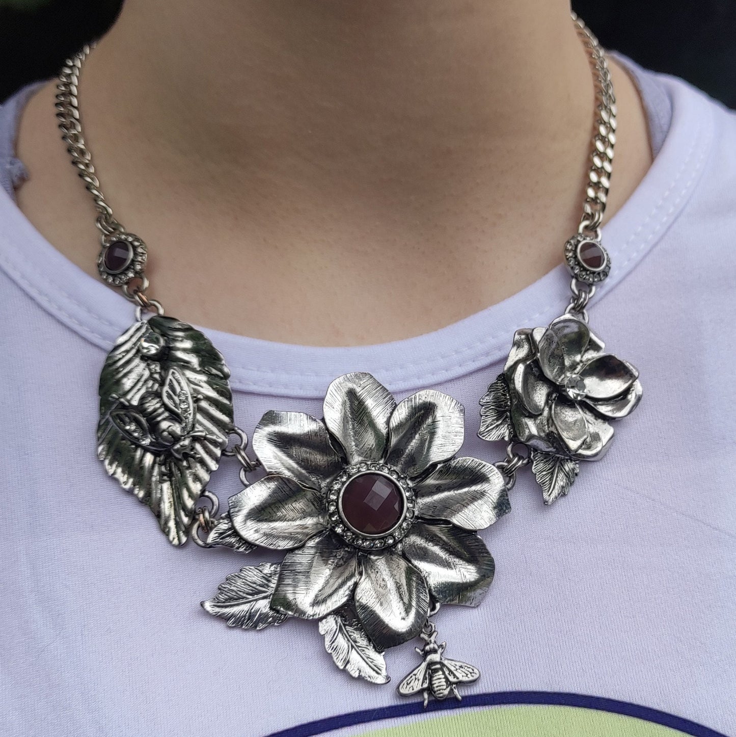 Vintage Flower and Bees Necklace, Large Statement Silver Tone & Rhinestone Collar Necklace