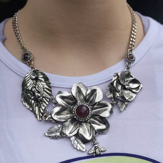 Vintage Flower and Bees Necklace, Large Statement Silver Tone & Rhinestone Collar Necklace