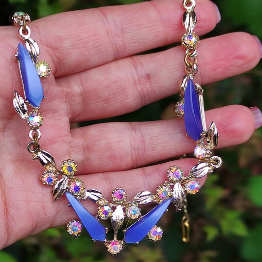 Vintage Diamante Necklace & Clip on Earring Set, Blue Plastic Costume Gemstone 'Fantasy Collection'