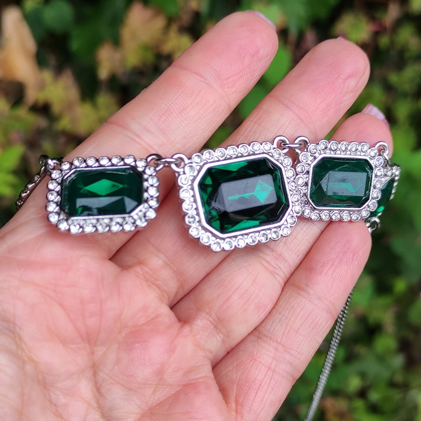 Costume Emerald Necklace, Vintage Green Glass Stone Necklace
