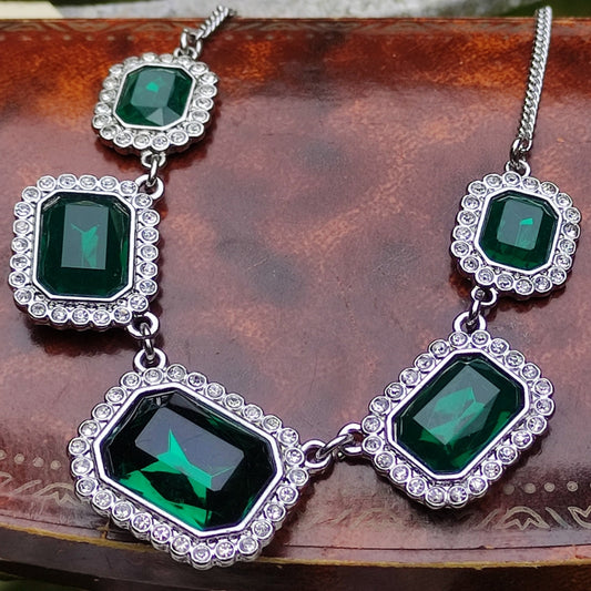 Costume Emerald Necklace, Vintage Green Glass Stone Necklace