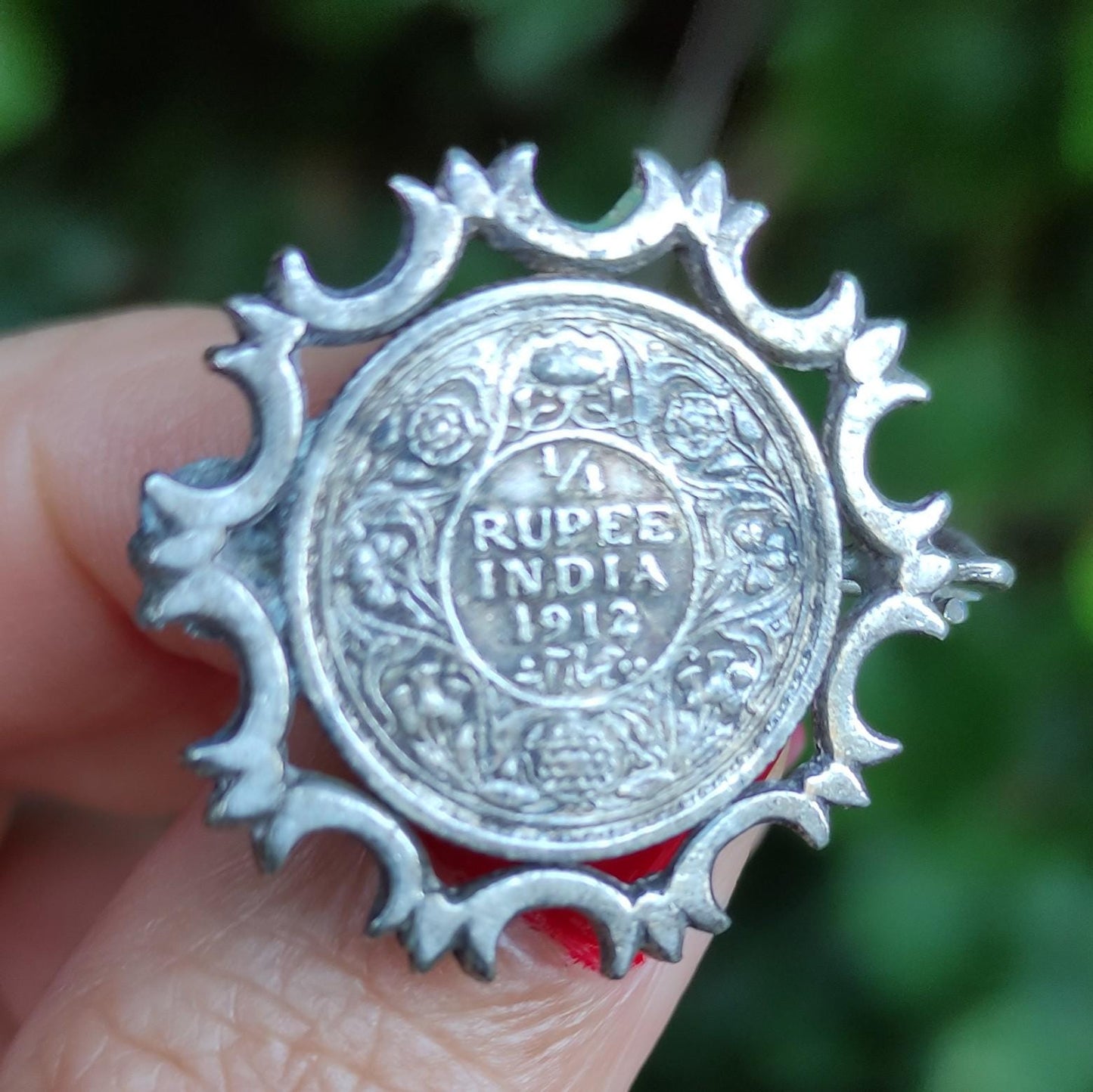 1912 1/4 Rupee Silver Brooch, Antique Indian Coin Jewellery