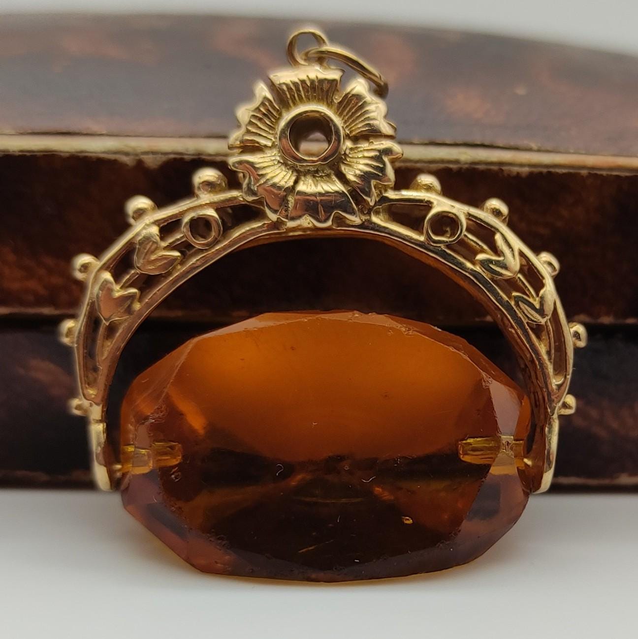 Victorian Citrine Swivel Fob, Antique Gold Spinning Fob Pendant