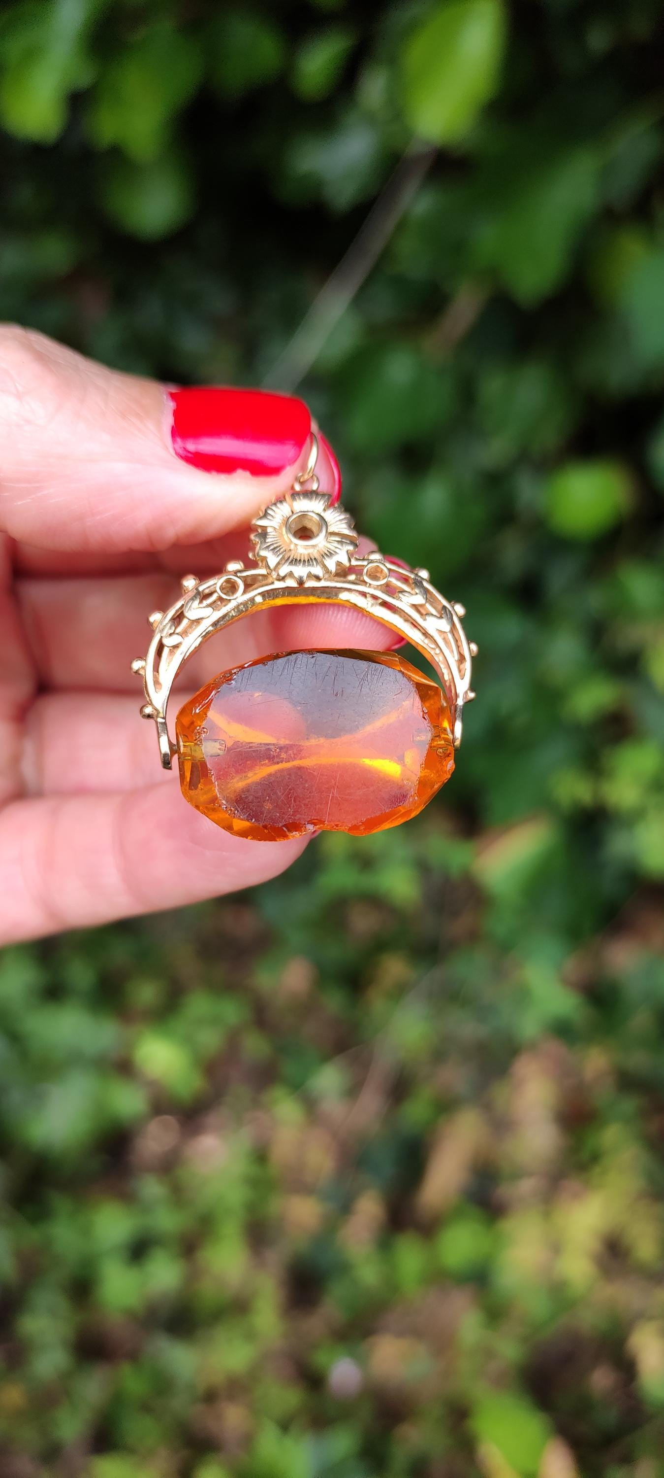 Victorian Citrine Swivel Fob, Antique Gold Spinning Fob Pendant