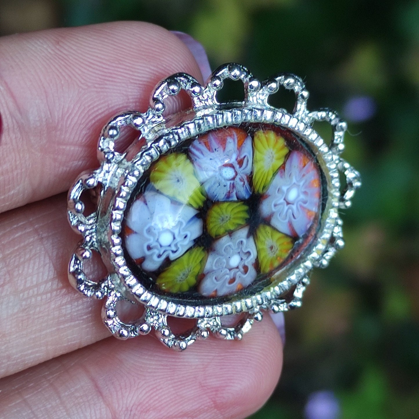 Vintage Millefiori & Silver Tone Brooch