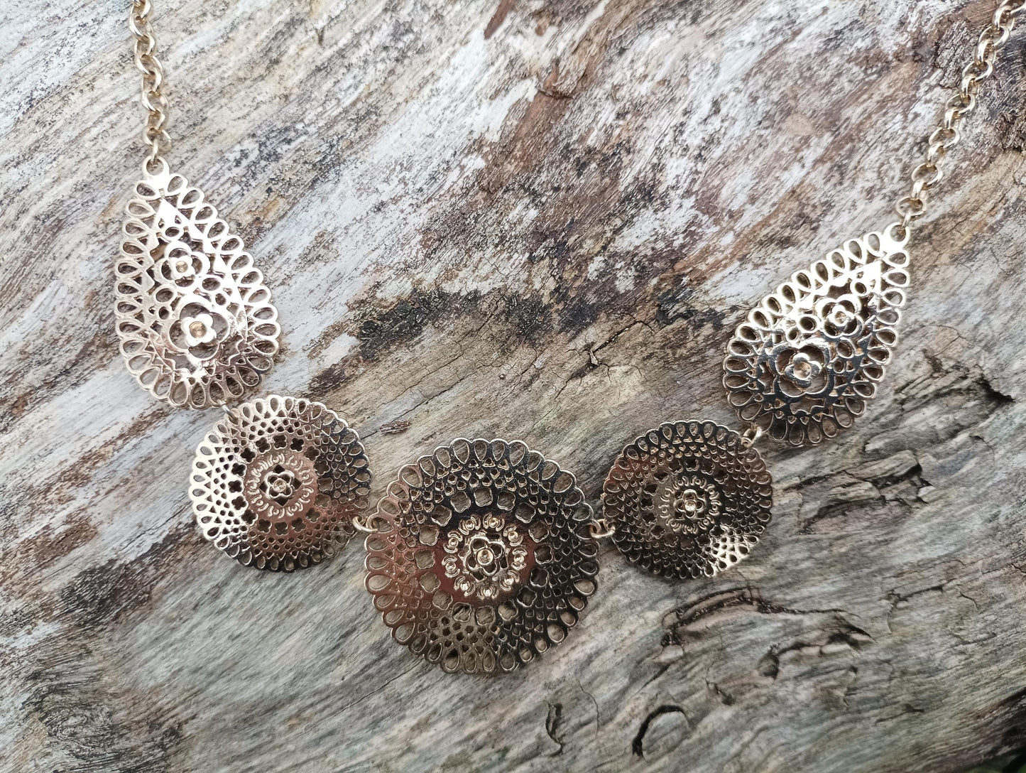 Gold Filigree Bib Necklace: Boho Hippie Ethnic Design