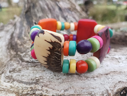 Chunky Tagua Nut Beaded Bracelet: Colourful African Hippy Cuff