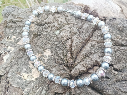 Vintage Crystal Beaded Necklace: Silver Plastic, Diamante Rhinestone