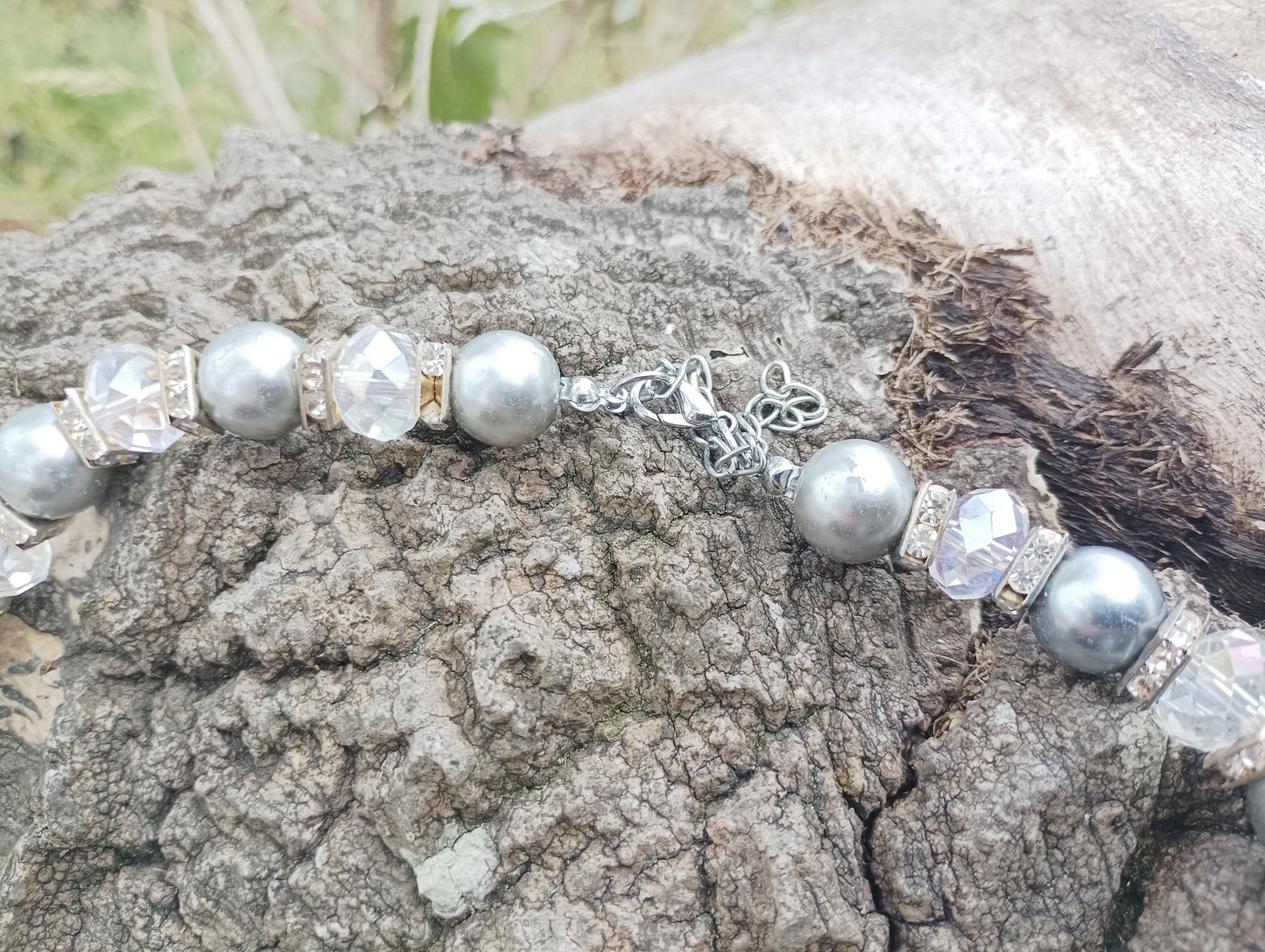 Vintage Crystal Beaded Necklace: Silver Plastic, Diamante Rhinestone