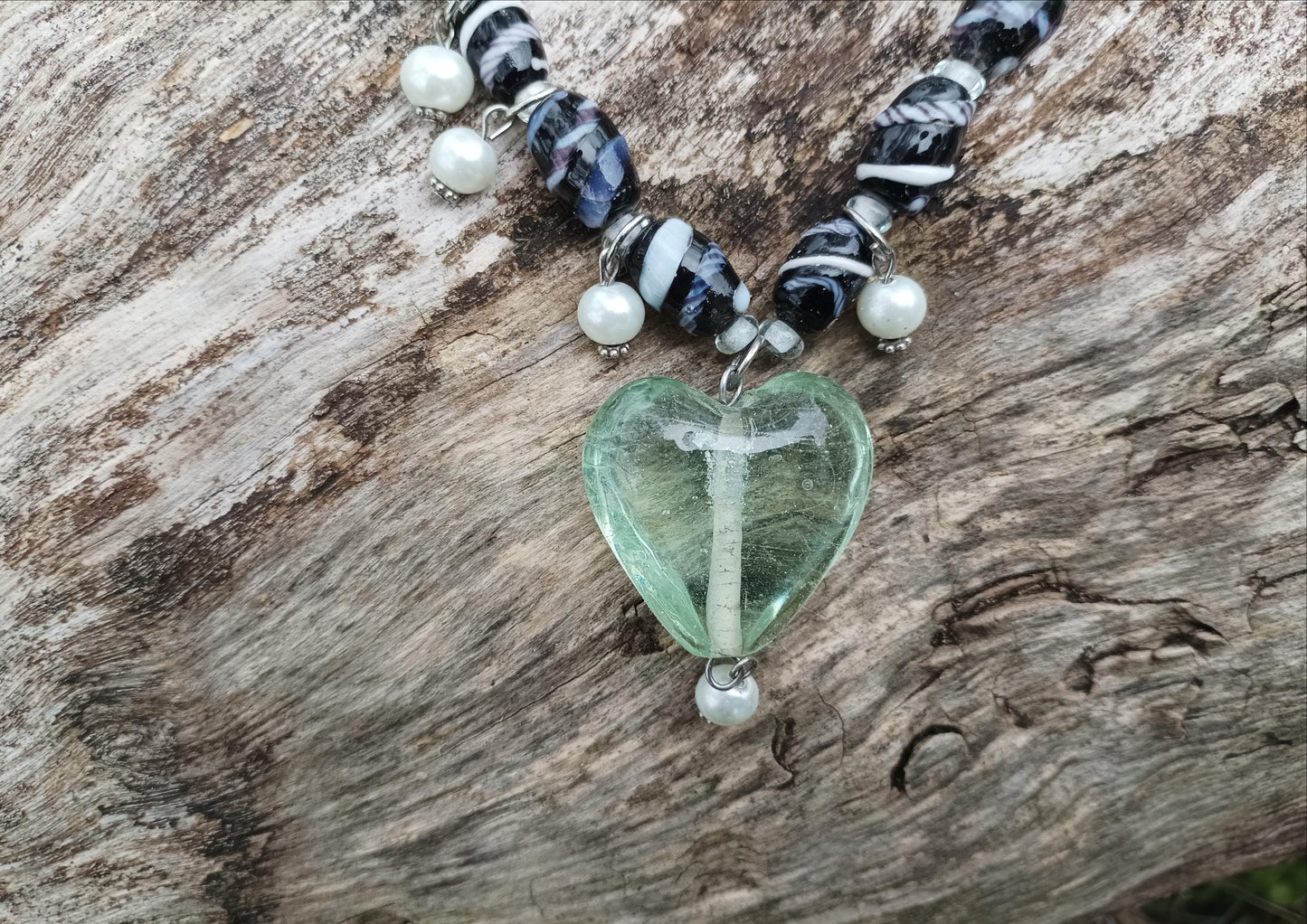 Vintage Green Glass Heart Pendant Necklace: Braided Leather & Faux Pearls