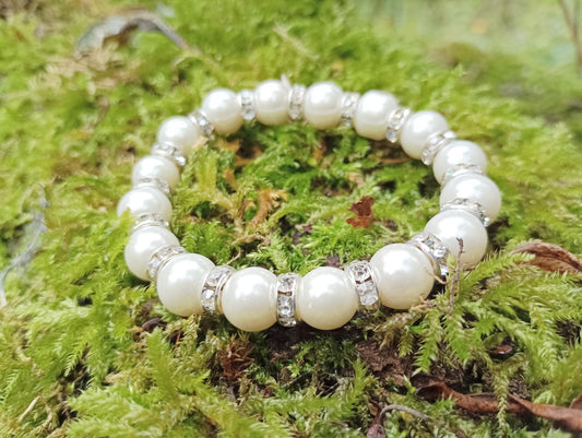 Vintage Faux Pearl Diamante Bracelet: 1990s Elasticated Jewelry