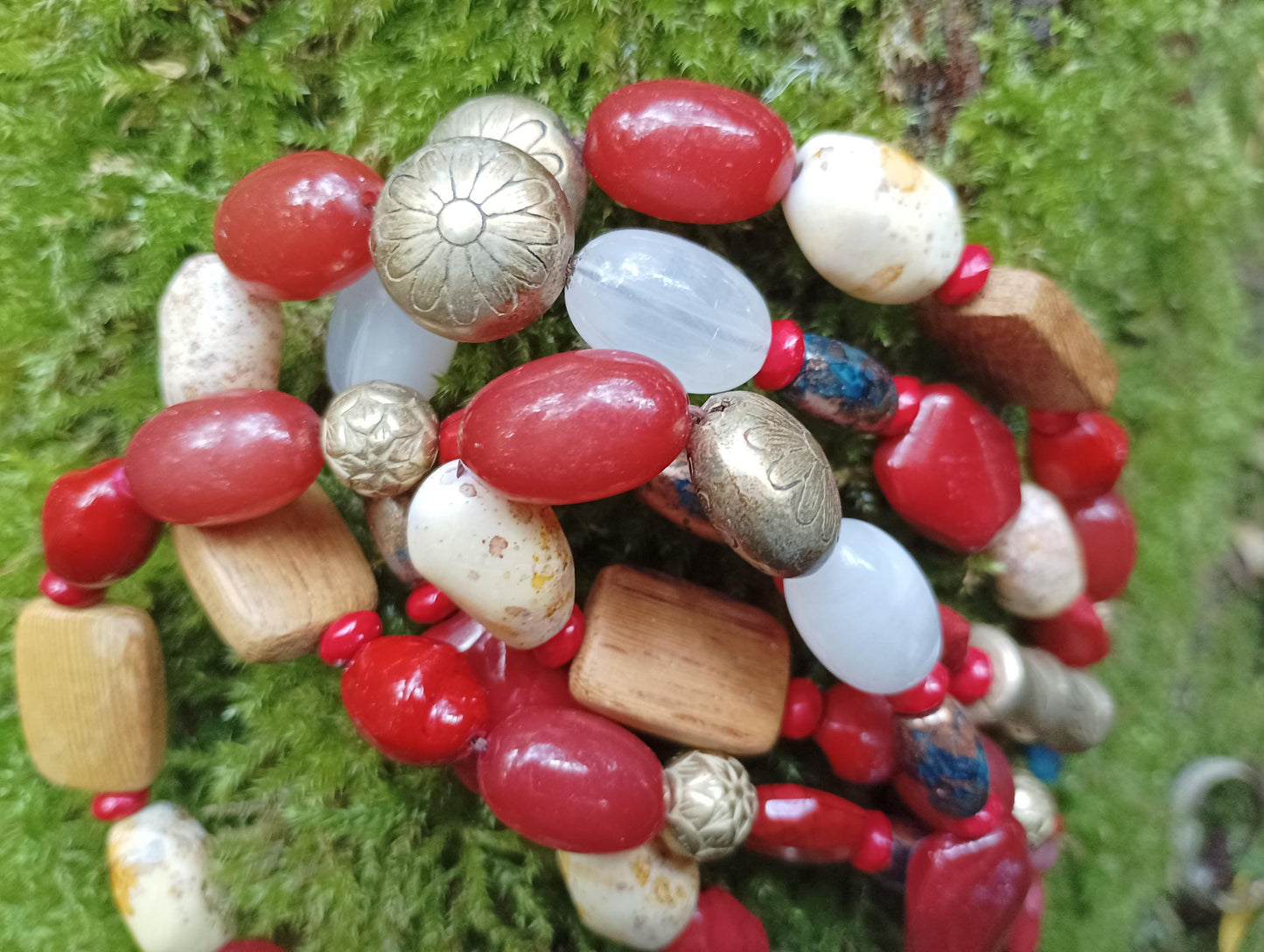 Long Beaded Necklace: Autumn Red, Brown, Gold, Wood & Glass