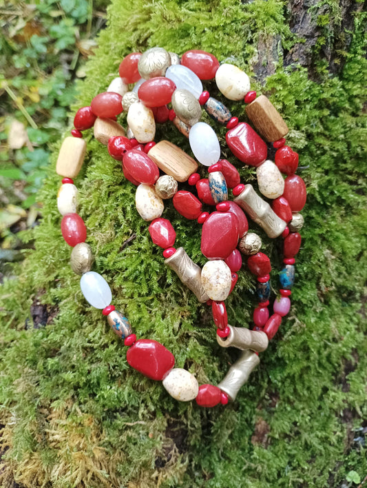 Long Beaded Necklace: Autumn Red, Brown, Gold, Wood & Glass
