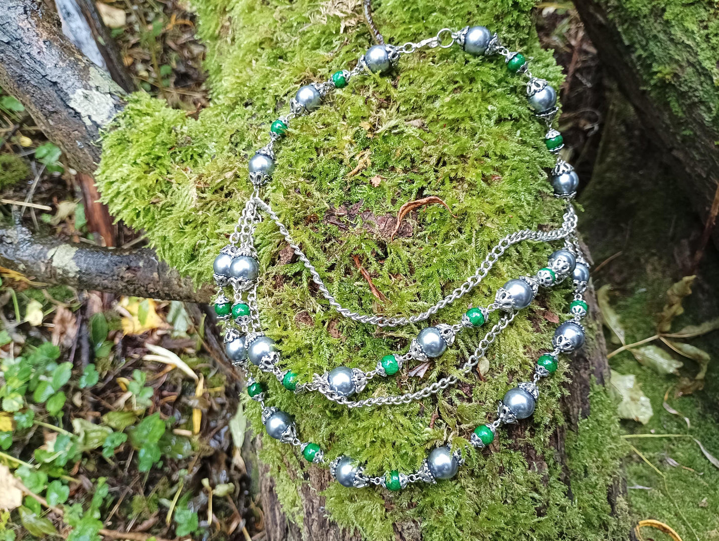 Vintage Silver & Green Glass Bead Necklace: Bohemian Multi Strand Chain