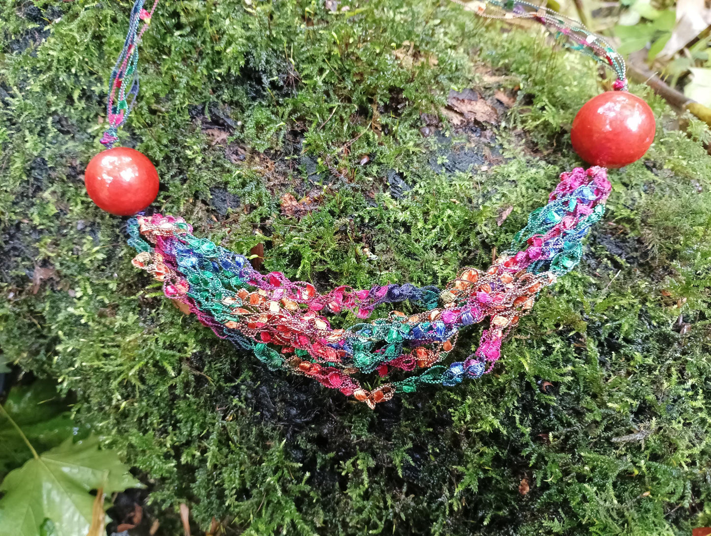Vintage Crochet Necklace: Autumnal Fabric & Resin Bead Statement Jewelry