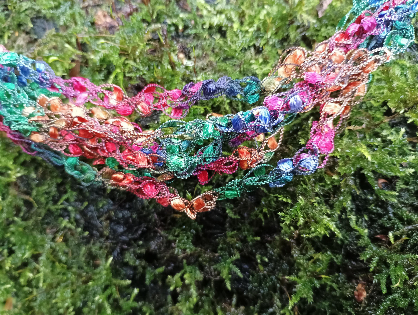Vintage Crochet Necklace: Autumnal Fabric & Resin Bead Statement Jewelry