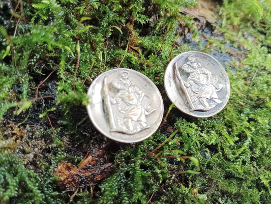 Vintage St Christopher Clip On Earrings: Silver Plated Catholic Jewelry