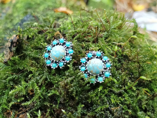 Vintage Turquoise Peking Glass Clip On Earrings, 1960s Costume Jewelry