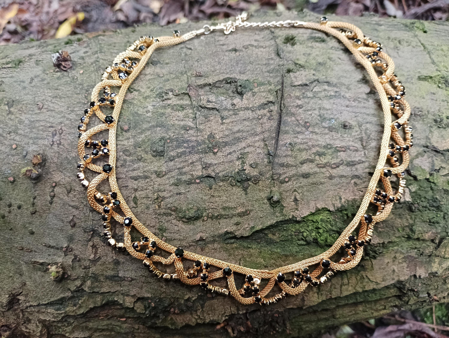 Black Rhinestone Gold Plated Mesh Choker, Braided Gypsy Style