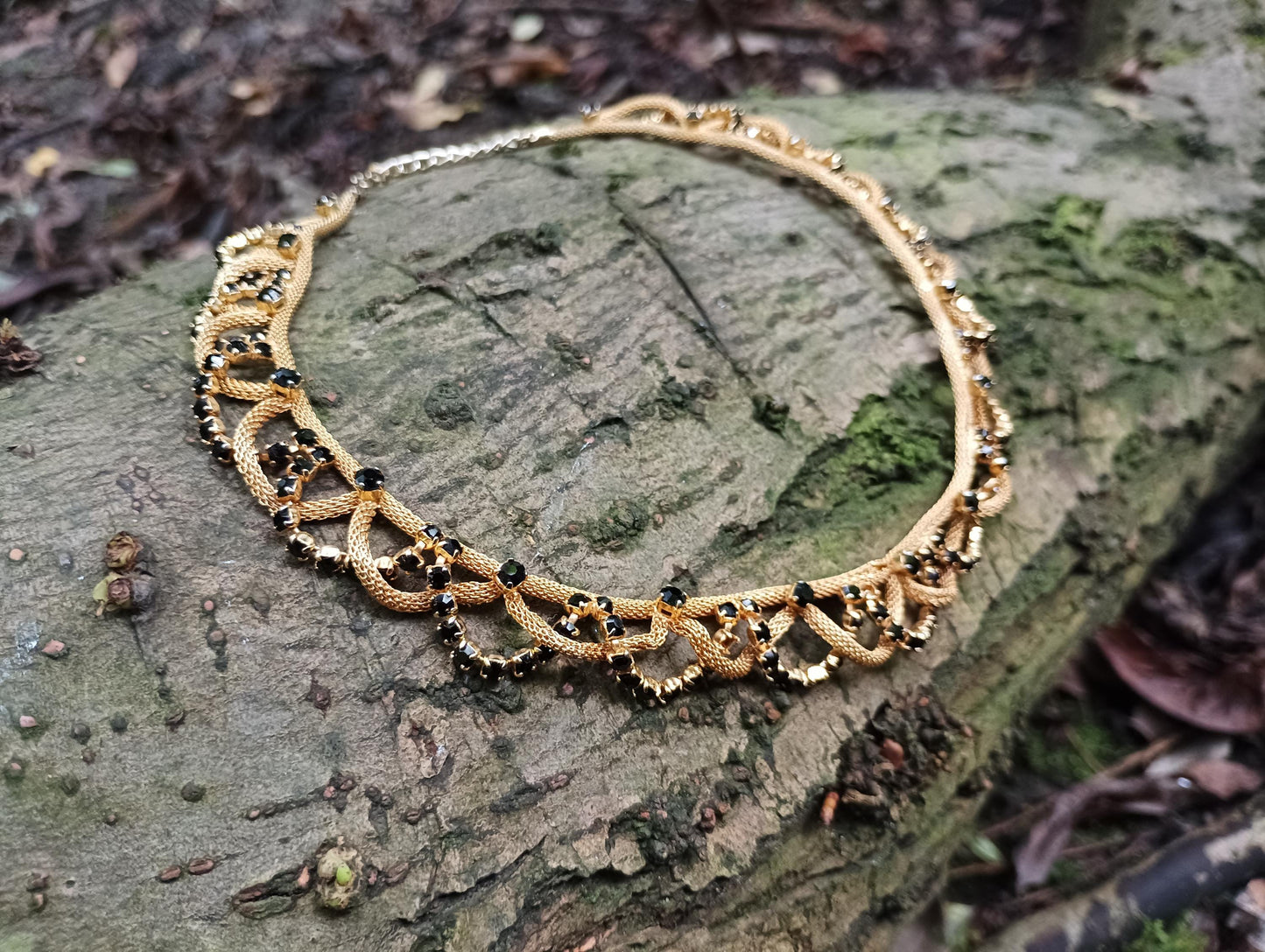 Black Rhinestone Gold Plated Mesh Choker, Braided Gypsy Style