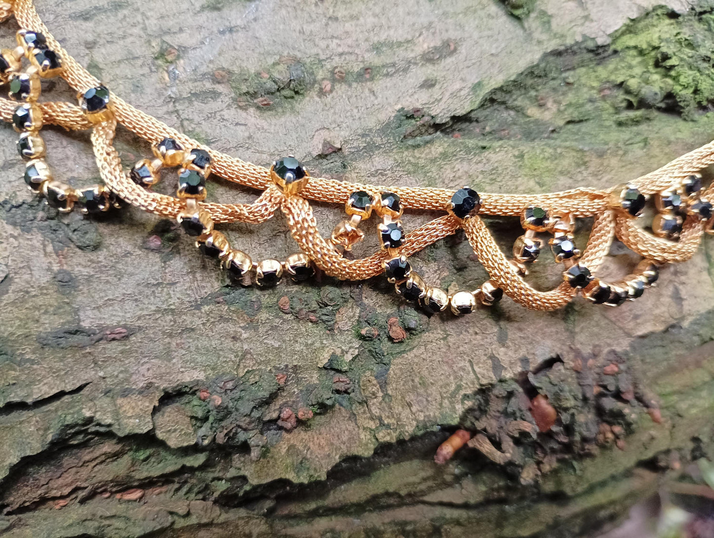 Black Rhinestone Gold Plated Mesh Choker, Braided Gypsy Style